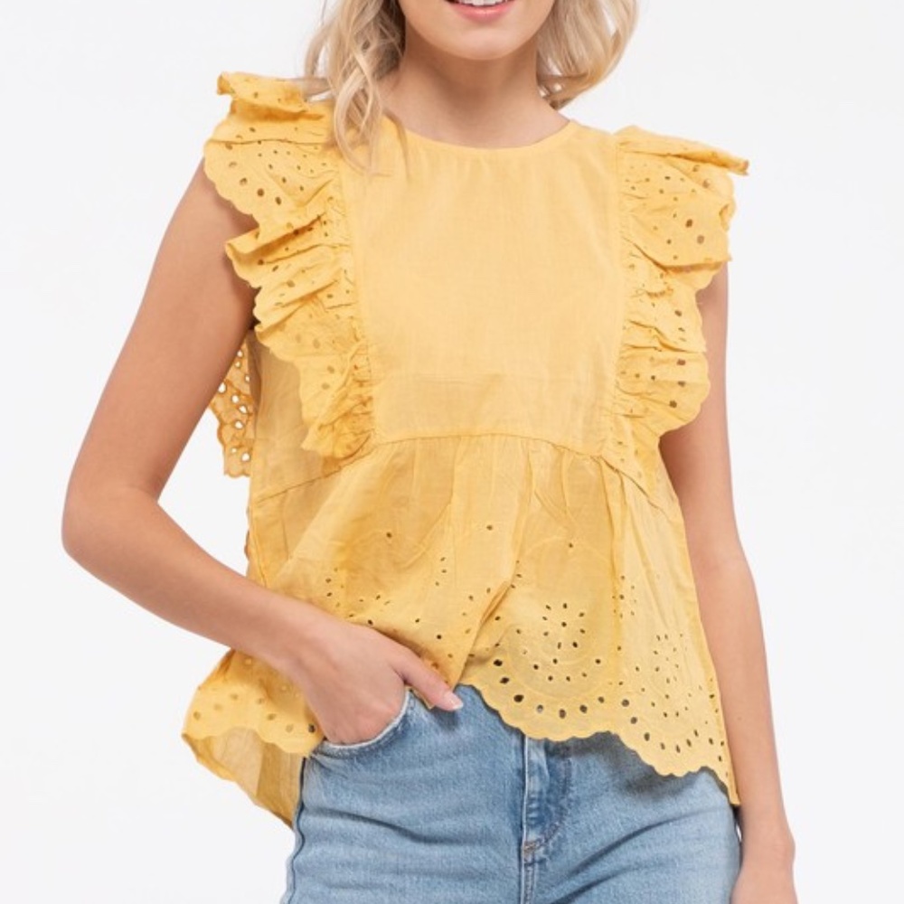 Honey Yellow Eyelet Ruffled Blouse - Picture 1 of 3